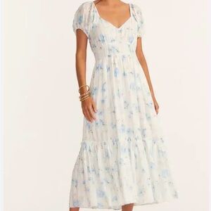 LoveShackFancy White and Blue Floral Midi Dress